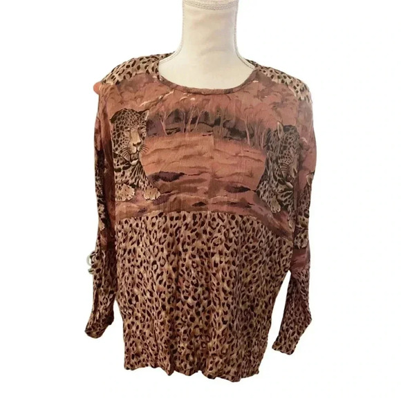 Vintage 1980s casual studio animal print cheetah graphic long sleeve blouse - Picture 1 of 9